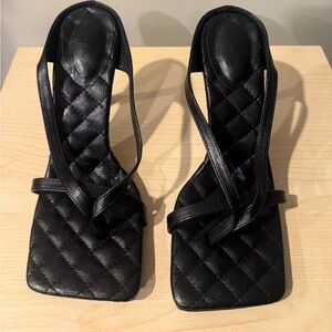 Black Quilted Strappy Women's kitten heels square toe